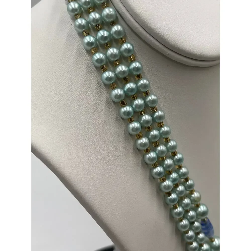 Japan Triple Strand‎ Teal Blue Beaded Necklace Graduated Beads Hook Closure